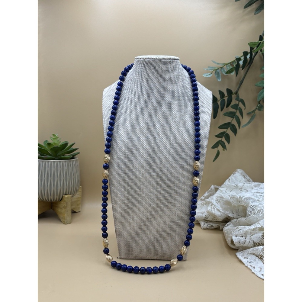 Vintage 14K Gold Natural Lapis Lazuli Ribbed Bead Statement Necklace 28”